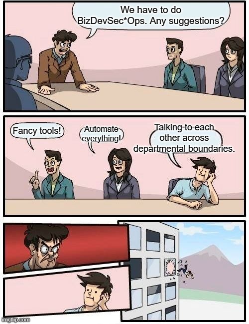 Boardroom Meeting Meme. 3 Panels. First Panel: Boss standing at a conference table asking "We have to do BizDevSec*Ops. Any suggestions? Second panel: Man says: "Fancy tools!" Women says: "Automate everythin!" Bored guy says: "Talking to each other across departmental boundaries". Third panel: Boss looking angry at the guy an guy flies out of a window.