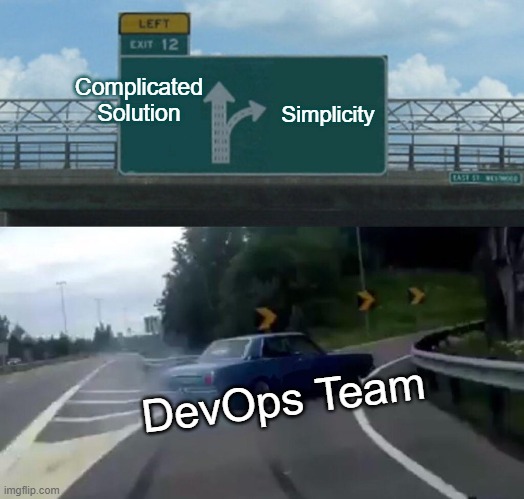 Left Exit 12 Off Ramp Meme: On the road sign straight ahead is marked "Complicated Solution" and right onto the off ramp is marked "Simplicity". A car captioned with "DevOps Team skids to the right at the last moment.