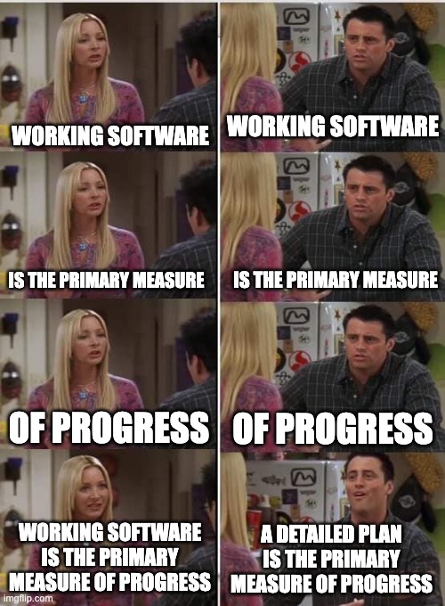Phoebe and Joey from TV series Friends Meme. 8 panels. Phoebe says something, Joey repeats. In the first 6 panels Phoebe says: Working software - is the primary measure - of progress. Joey repeats it very concentrated. In the last 2 panels Phoebe says: "Working software is the primary measure of progress" and Joey repeats with pleasure: "A detailed plan is the primary measure of progress."